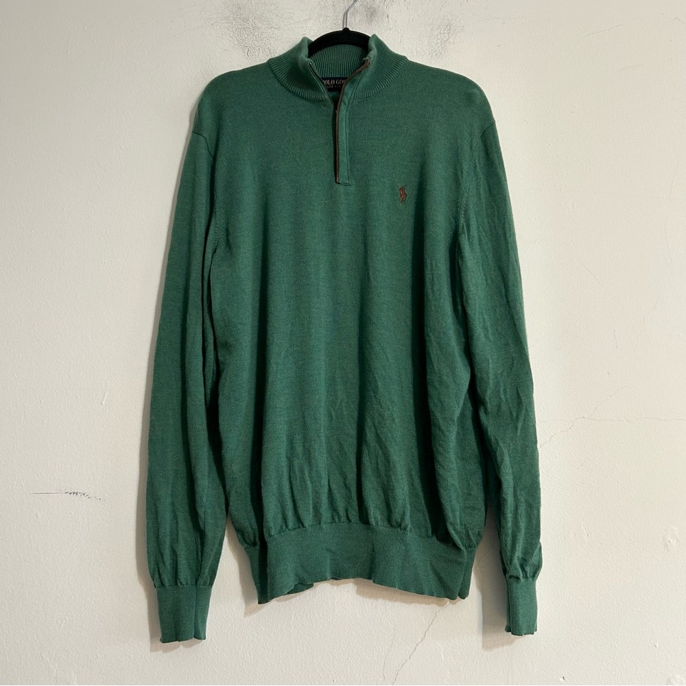 Polo Golf Merino Wool Green 1/4 Zip Sweater Pony Logo Size Large Preppy Casual